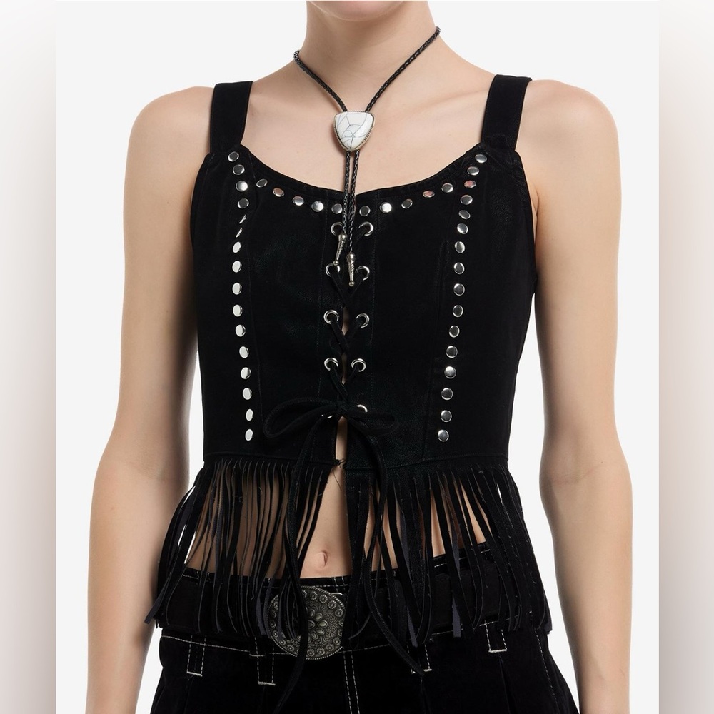 Social Collision Faux Suede Fringe Lace-Up Girls Crop Tank Top